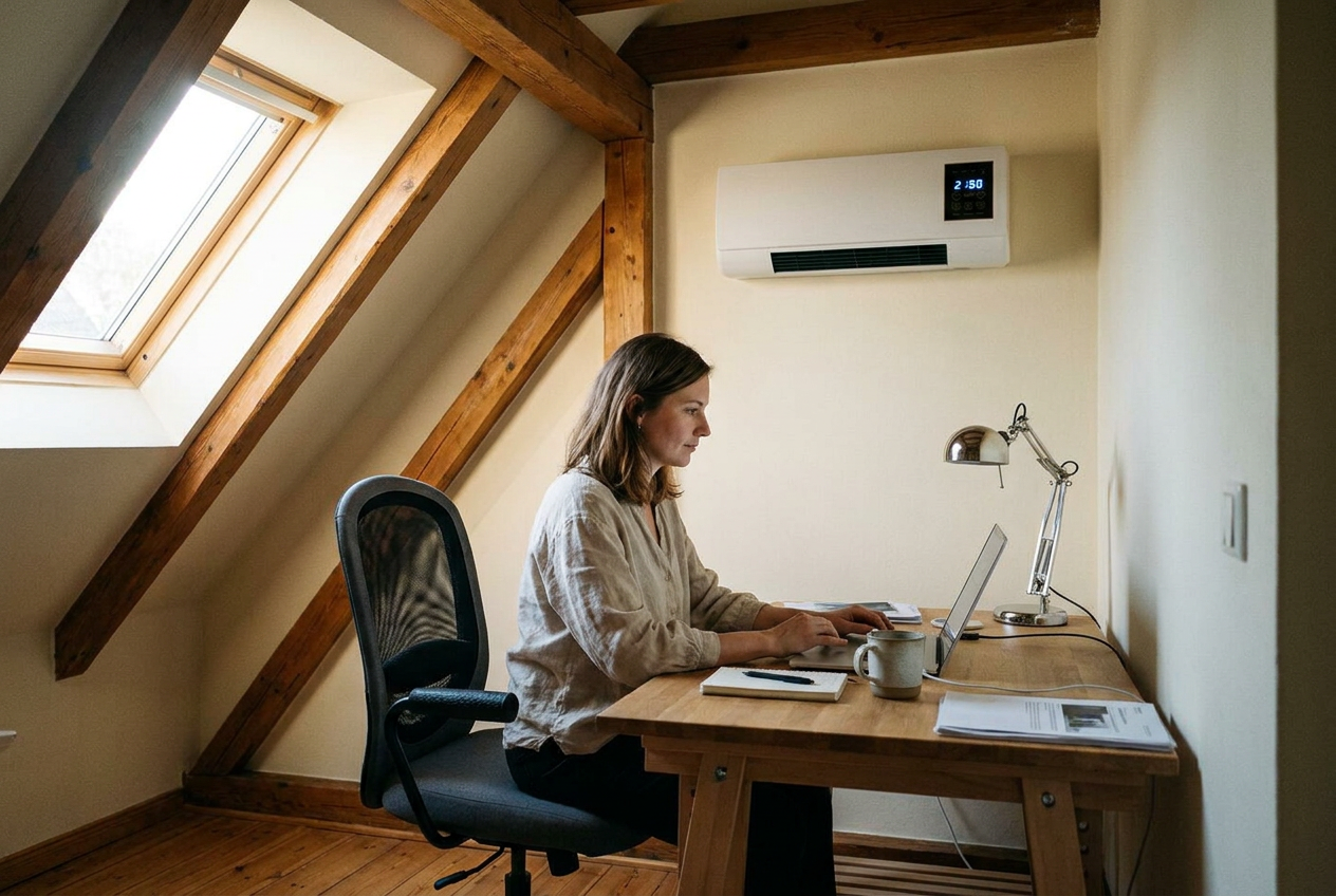 The AerioQ in Anna's attic home office — working at 75°F while it's 91°F outside