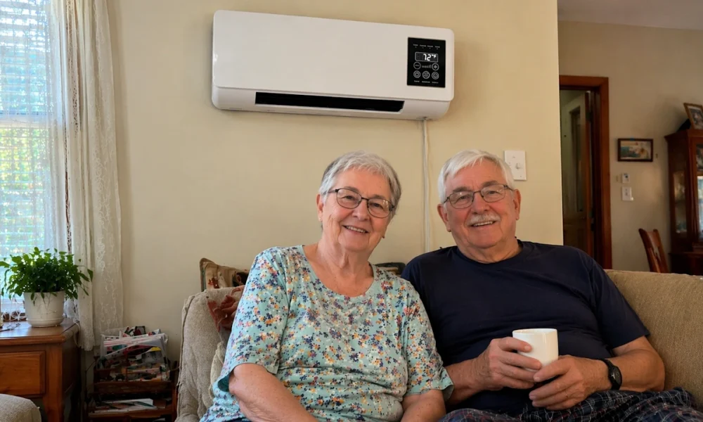An elderly couple in the living room with the CoolCove on the wall