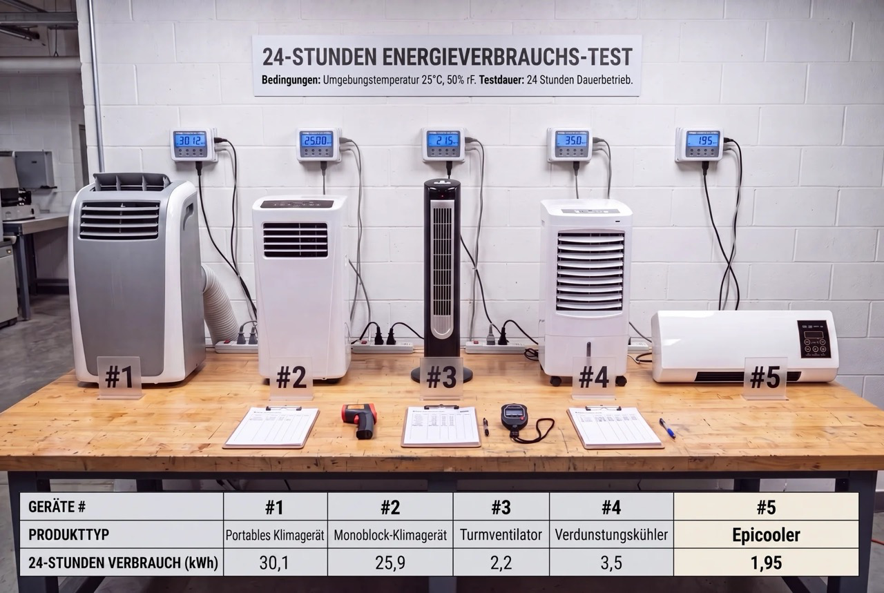 24-Stunden-Energieverbrauchs-Test im Labor — fünf Geräte am Strommessgerät, der Froza AC mit dem niedrigsten Verbrauch