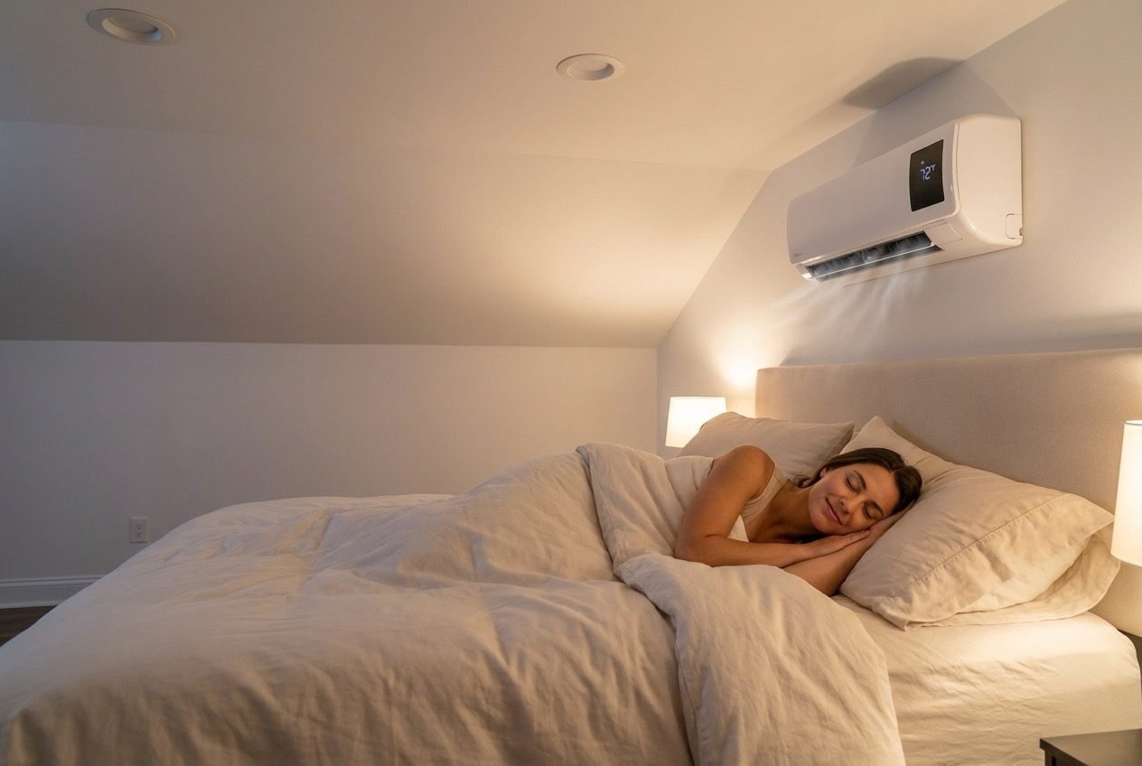 Frau schläft tief und fest im kühlen Schlafzimmer — der Froza AC arbeitet flüsterleise über dem Bett