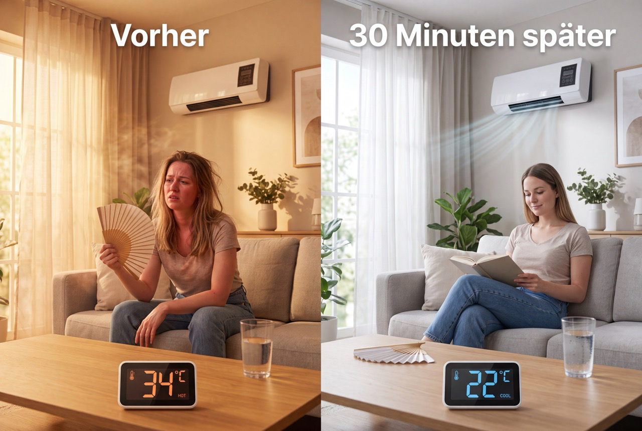 Vorher-Nachher-Vergleich: 34 °C stickige Hitze — 30 Minuten später angenehme 22 °C mit dem Froza AC