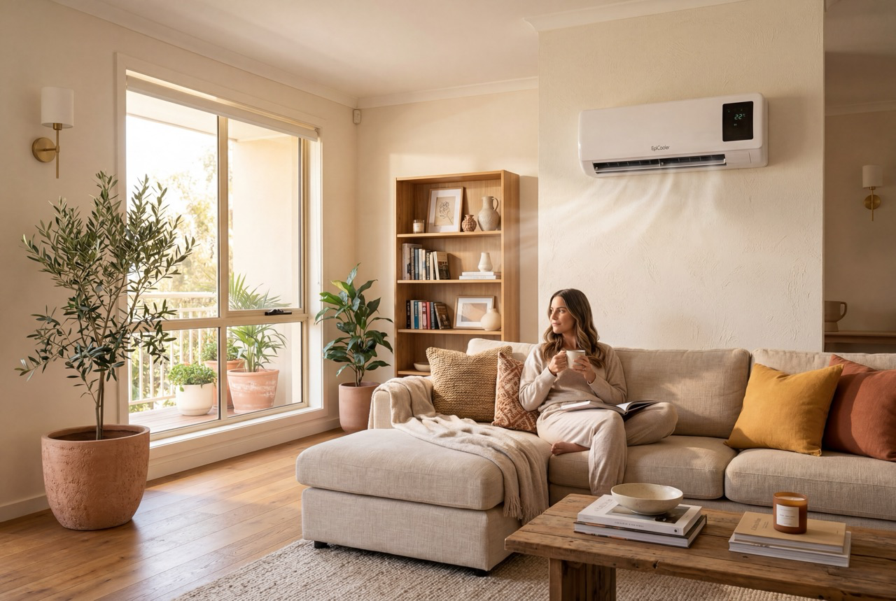 Entspannter Nachmittag im angenehm kühlen Wohnzimmer — der Froza AC kühlt die gesamte Wohnung