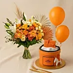 Happiness - Orange Flowers Chocolate Cake n Balloons